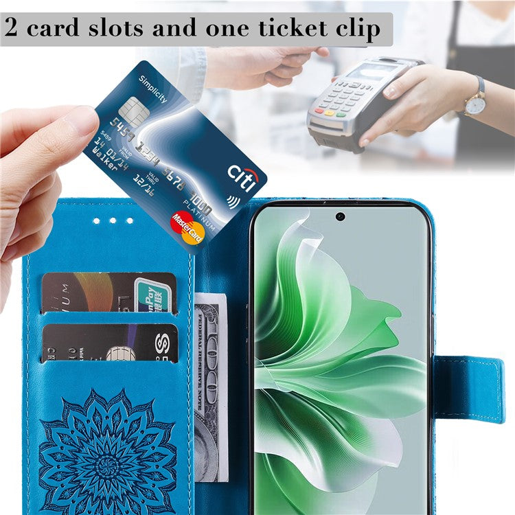 KT Imprinting Flower Series-1 For Oppo Reno11 Pro 5G (Global) Case Leather Wallet Cover with Wrist Strap - Blue