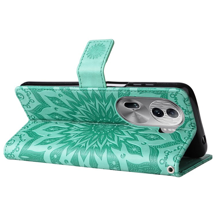 KT Imprinting Flower Series-1 For Oppo Reno11 Pro 5G (Global) Case Leather Wallet Cover with Wrist Strap - Green