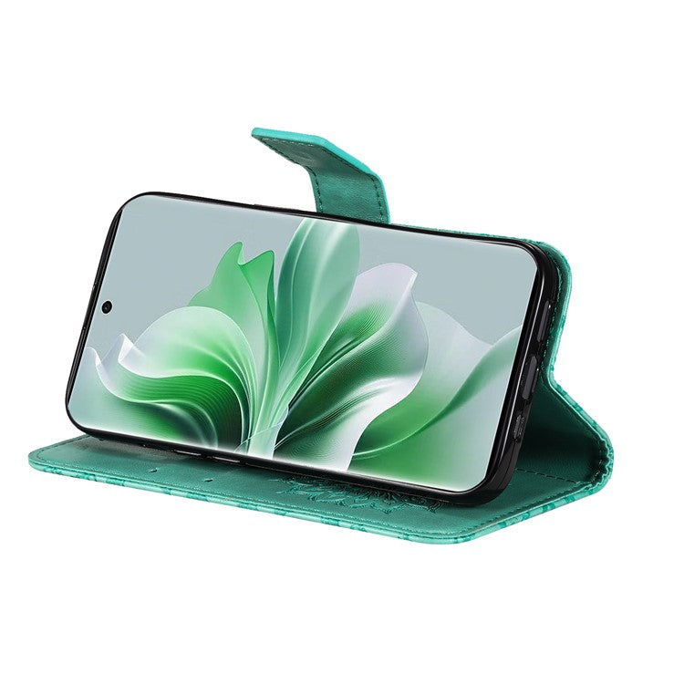 KT Imprinting Flower Series-1 For Oppo Reno11 Pro 5G (Global) Case Leather Wallet Cover with Wrist Strap - Green