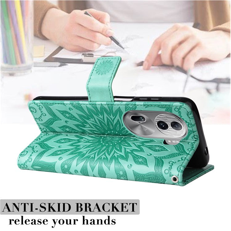 KT Imprinting Flower Series-1 For Oppo Reno11 Pro 5G (Global) Case Leather Wallet Cover with Wrist Strap - Green