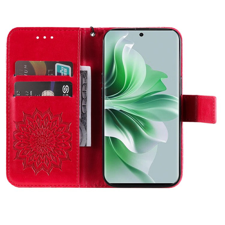 KT Imprinting Flower Series-1 For Oppo Reno11 Pro 5G (Global) Case Leather Wallet Cover with Wrist Strap - Red