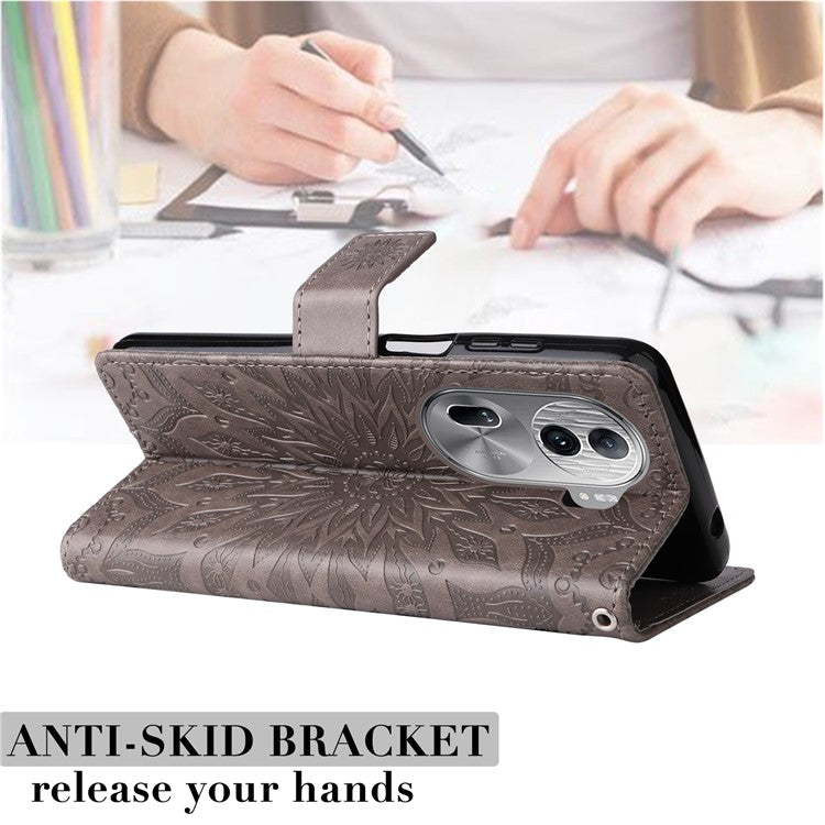 KT Imprinting Flower Series-1 For Oppo Reno11 Pro 5G (Global) Case Leather Wallet Cover with Wrist Strap - Grey