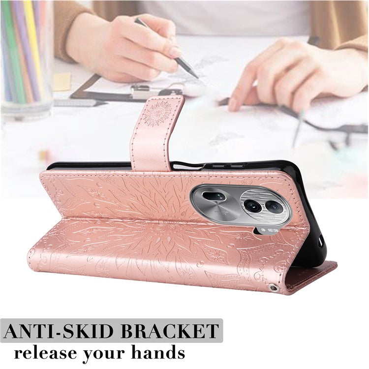 KT Imprinting Flower Series-1 For Oppo Reno11 Pro 5G (Global) Case Leather Wallet Cover with Wrist Strap - Rose Gold