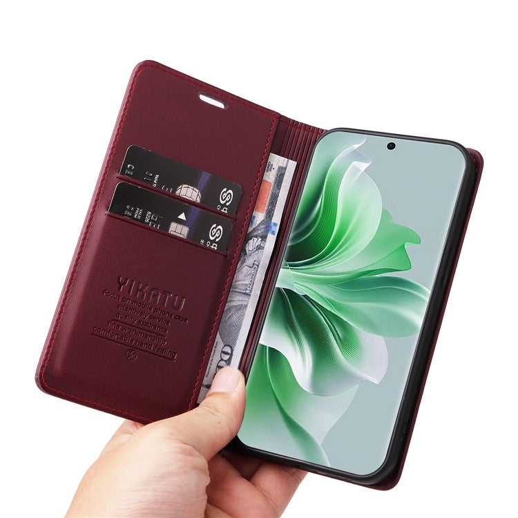 YIKATU YK-001 For Oppo Reno11 Pro 5G (Global) Wallet Case Flip Leather Cover Folding Stand - Wine Red