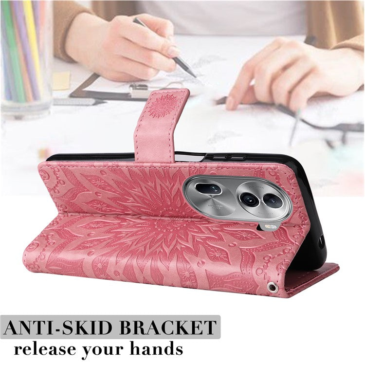 KT Imprinting Flower Series-1 For Oppo Reno11 5G (Global) Cell Phone Case Wallet Cover - Pink