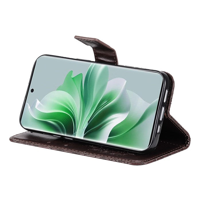 KT Imprinting Flower Series-1 For Oppo Reno11 5G (Global) Cell Phone Case Wallet Cover - Brown