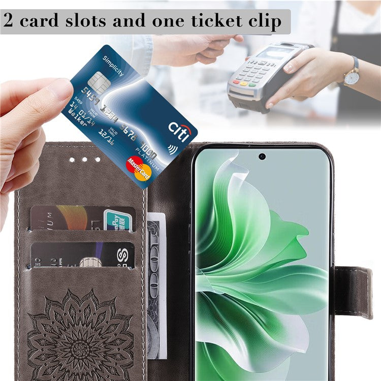 KT Imprinting Flower Series-1 For Oppo Reno11 5G (Global) Cell Phone Case Wallet Cover - Grey