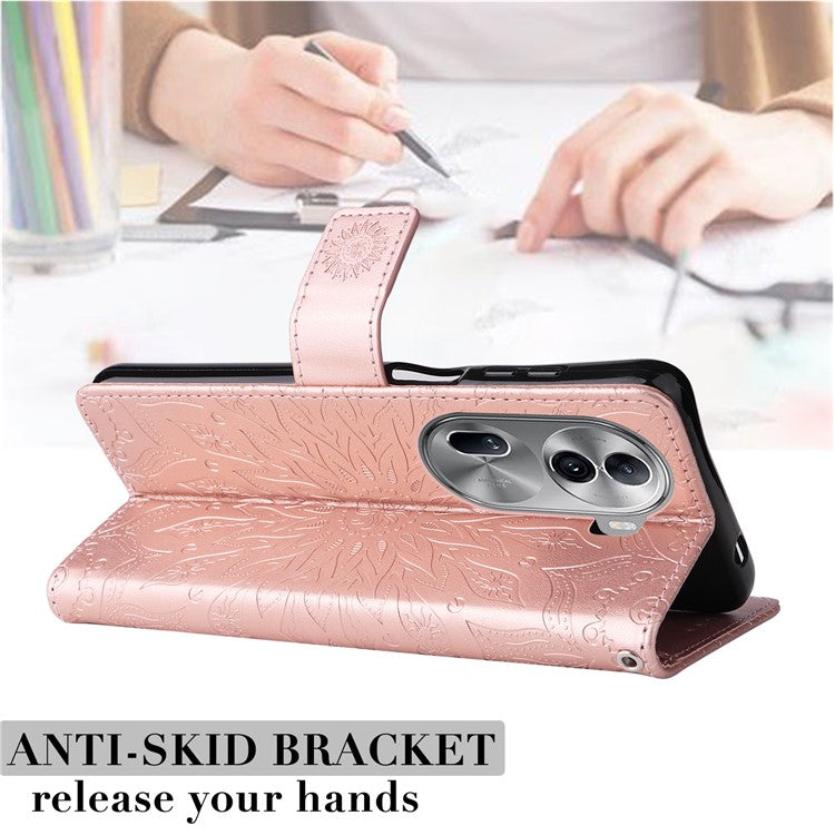 KT Imprinting Flower Series-1 For Oppo Reno11 5G (Global) Cell Phone Case Wallet Cover - Rose Gold