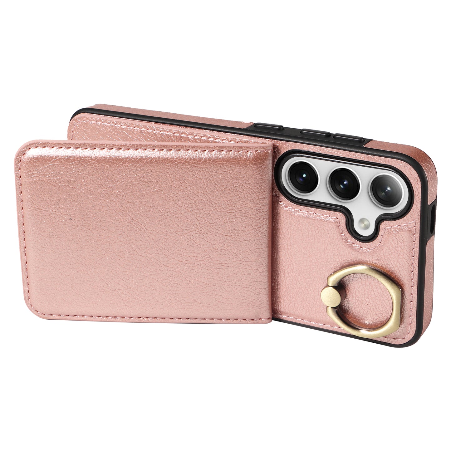 004 For Samsung Galaxy S24 Case Magnetic PU Leather+TPU Litchi Texture Phone Shell with Ring Holder - Rose Gold