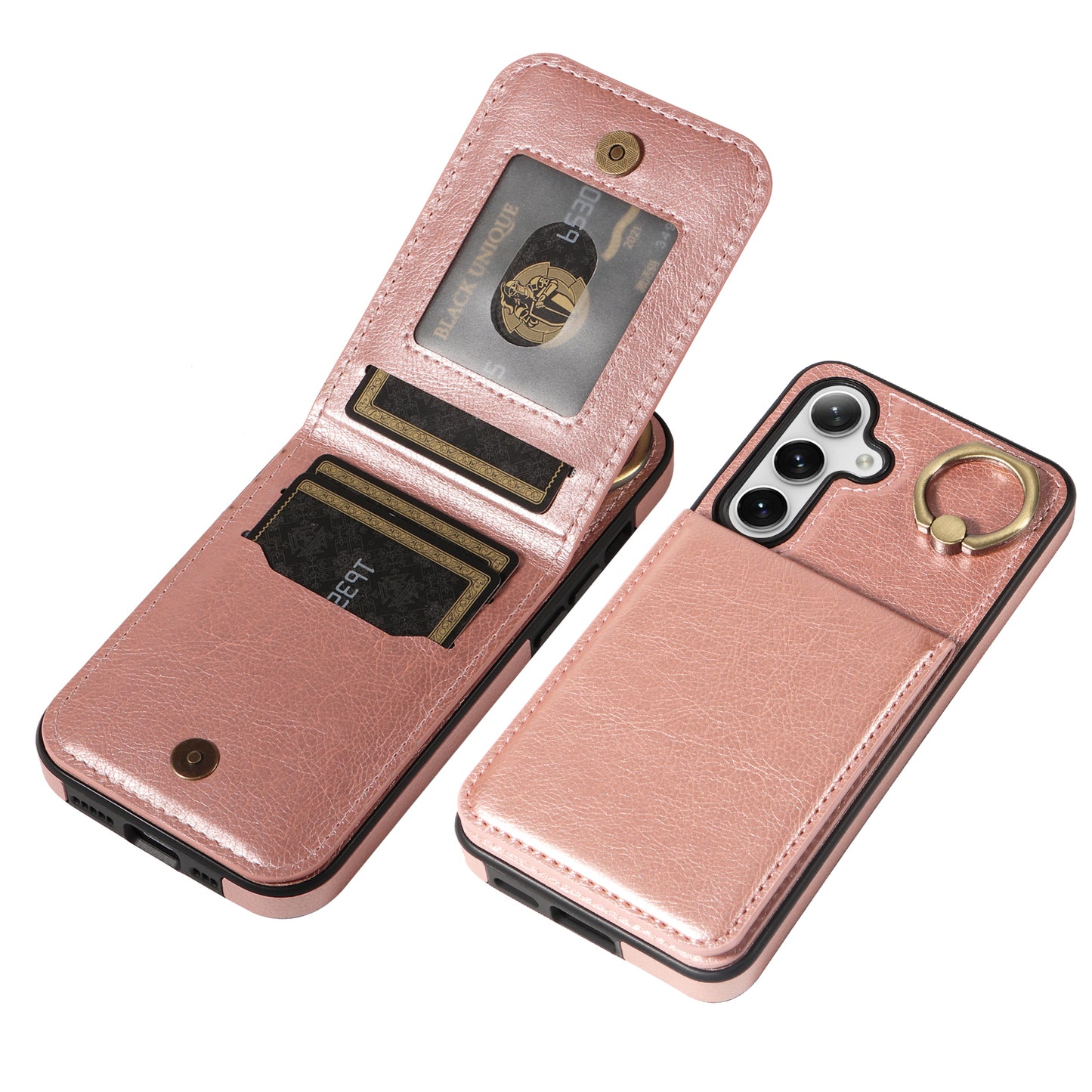 004 For Samsung Galaxy S24 Case Magnetic PU Leather+TPU Litchi Texture Phone Shell with Ring Holder - Rose Gold