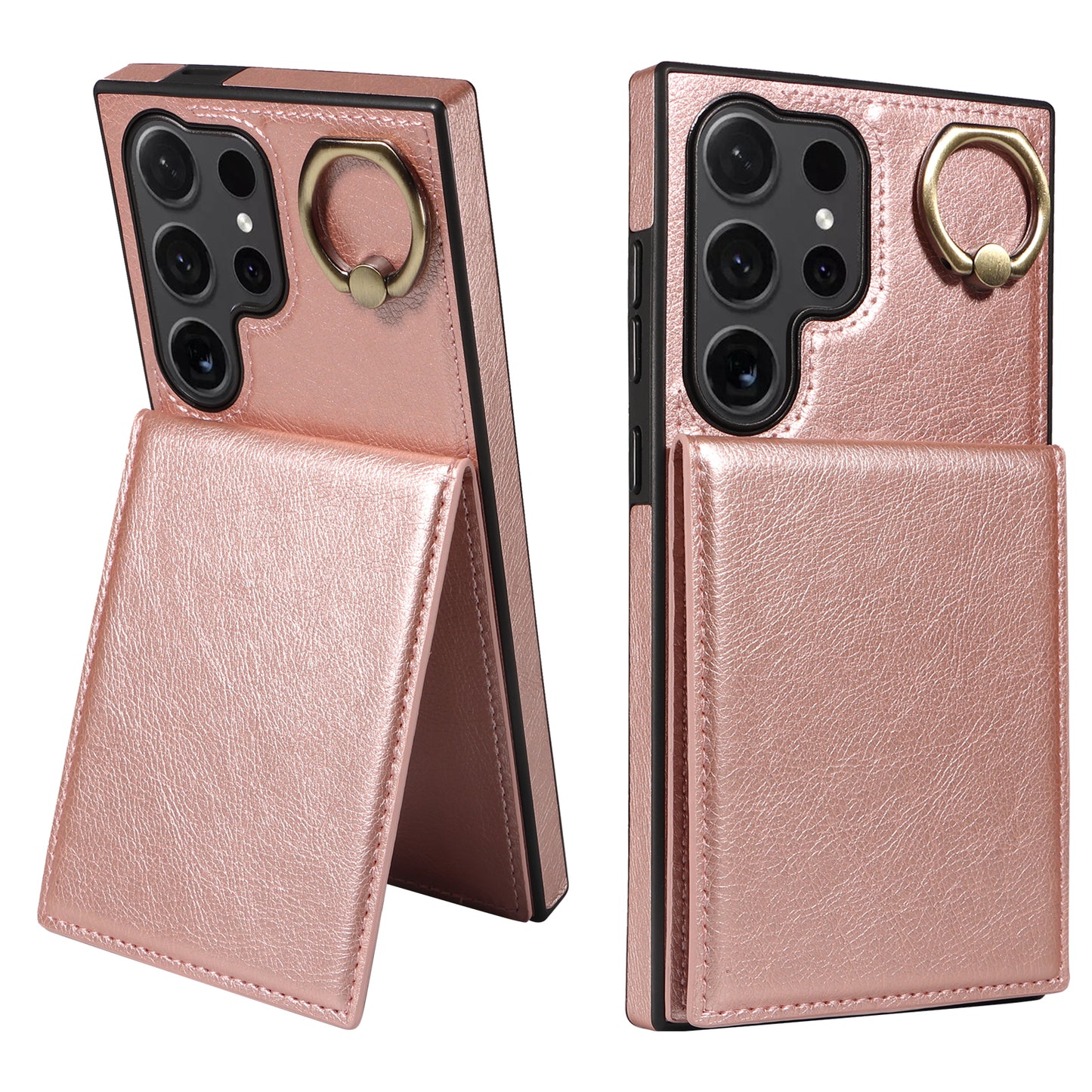 004 for Samsung Galaxy S24 Ultra Phone Case Litchi Texture Back Cover Card Holder - Rose Gold