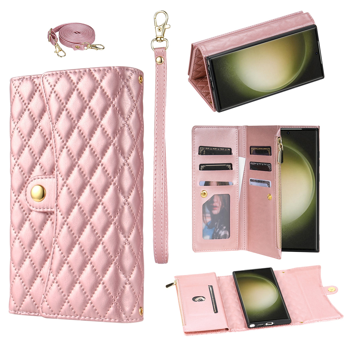 BKS-002 For Samsung Galaxy S24 Ultra Wallet Case 7 Card Slots Leather Shockproof Phone Cover - Rose Gold