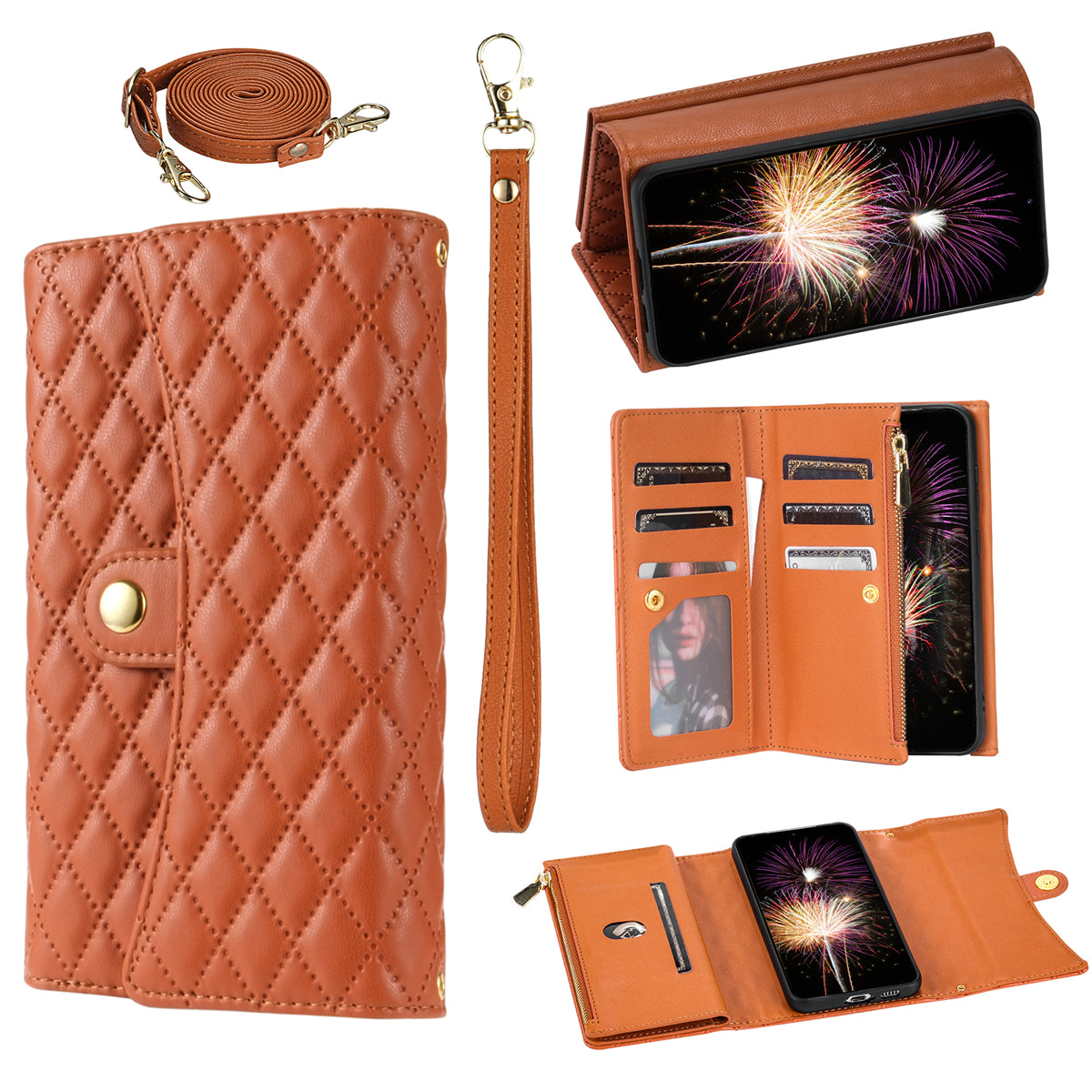 BKS-002 For Samsung Galaxy S24+ Wallet Case PU Leather Phone Cover Handbag with Long Strap - Brown