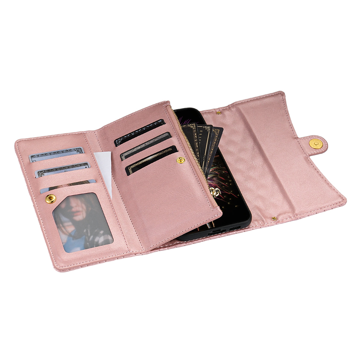 BKS-002 For Samsung Galaxy S24+ Wallet Case PU Leather Phone Cover Handbag with Long Strap - Rose Gold