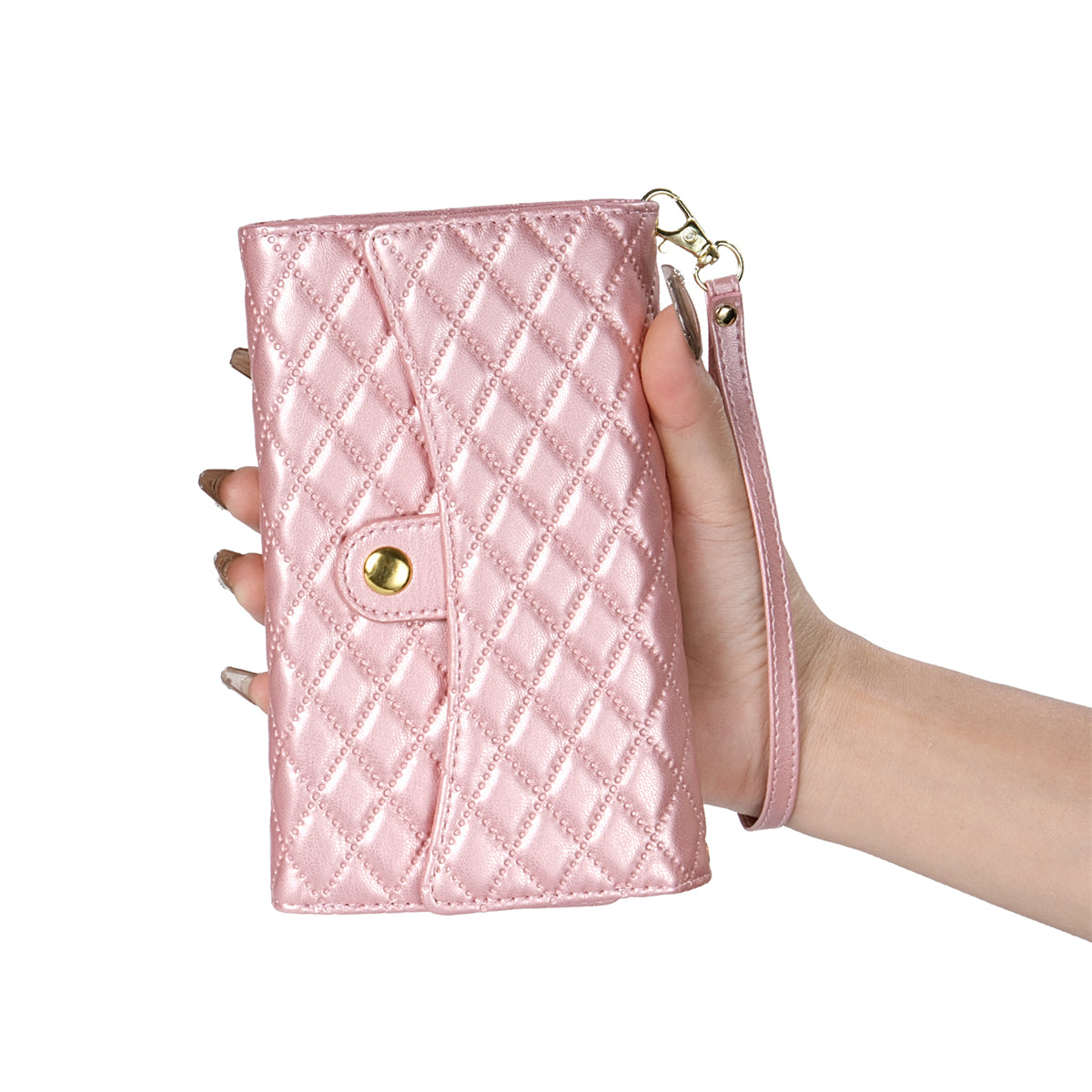 BKS-002 For Samsung Galaxy S24+ Wallet Case PU Leather Phone Cover Handbag with Long Strap - Rose Gold