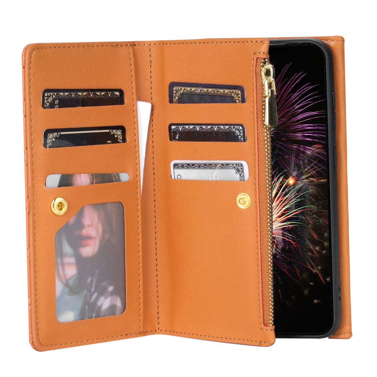 BKS-002 For Samsung Galaxy S24 Leather Flip Case Phone Cover Card Slots Zipper Pocket - Brown