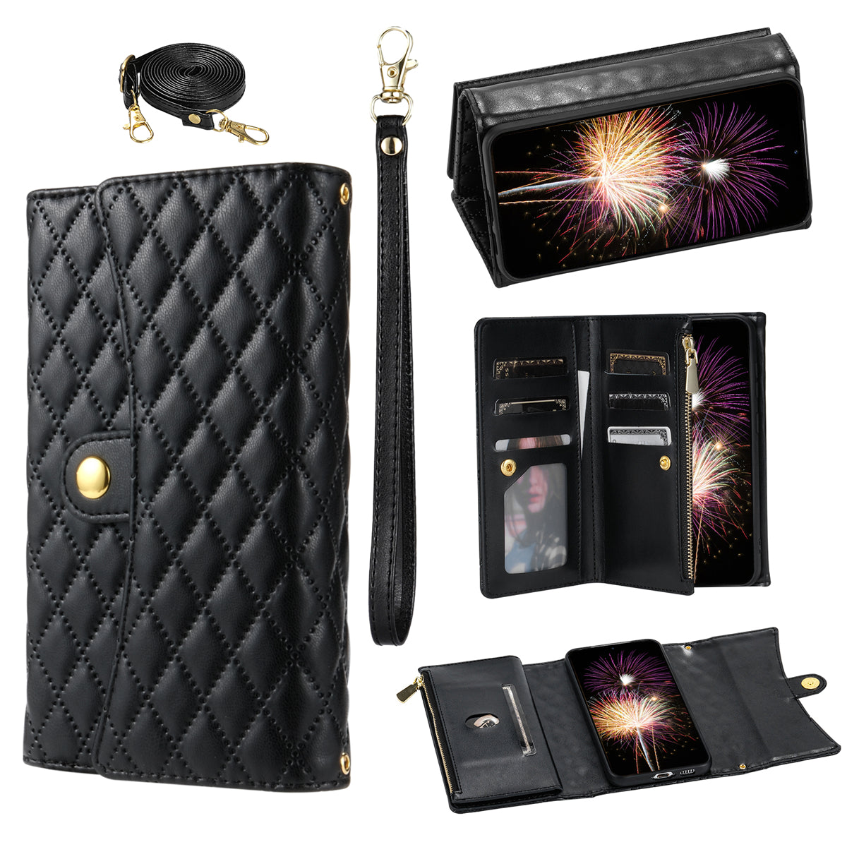 BKS-002 For Samsung Galaxy S24 Leather Flip Case Phone Cover Card Slots Zipper Pocket - Black