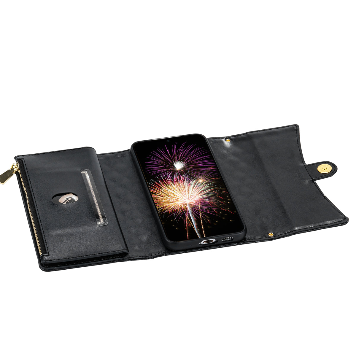 BKS-002 For Samsung Galaxy S24 Leather Flip Case Phone Cover Card Slots Zipper Pocket - Black