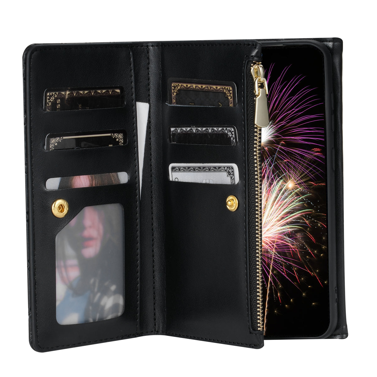 BKS-002 For Samsung Galaxy S24 Leather Flip Case Phone Cover Card Slots Zipper Pocket - Black