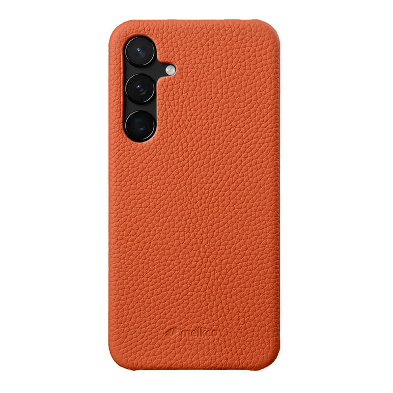 MELKCO For Samsung Galaxy S24 Case Genuine Cow Leather+PC Cell Phone Cover - Orange