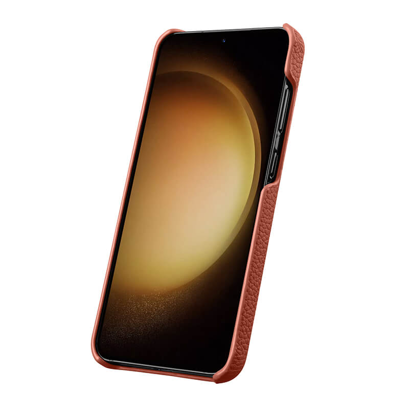 MELKCO For Samsung Galaxy S24 Case Genuine Cow Leather+PC Cell Phone Cover - Orange