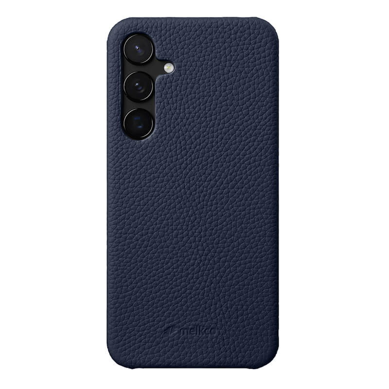 MELKCO For Samsung Galaxy S24 Case Genuine Cow Leather+PC Cell Phone Cover - Dark Blue