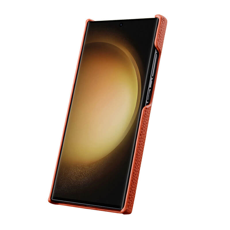 MELKCO For Samsung Galaxy S24 Ultra Cell Phone Case Genuine Cow Leather+PC Anti-scratch Cover - Orange