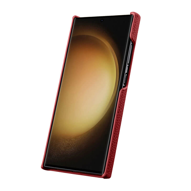 MELKCO For Samsung Galaxy S24 Ultra Cell Phone Case Genuine Cow Leather+PC Anti-scratch Cover - Red