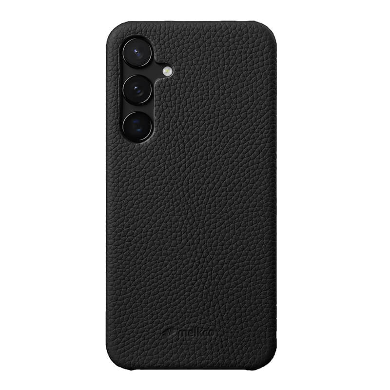 MELKCO For Samsung Galaxy S24+ Cell Phone Case Drop Proof Genuine Cow Leather+PC Cover - Black