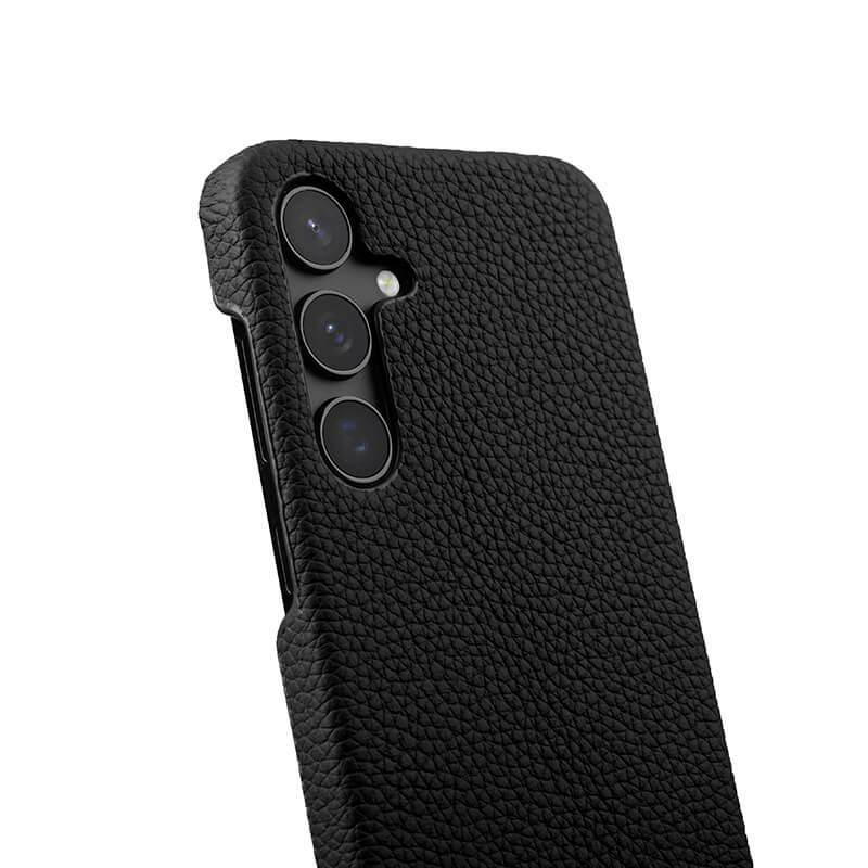 MELKCO For Samsung Galaxy S24+ Cell Phone Case Drop Proof Genuine Cow Leather+PC Cover - Black