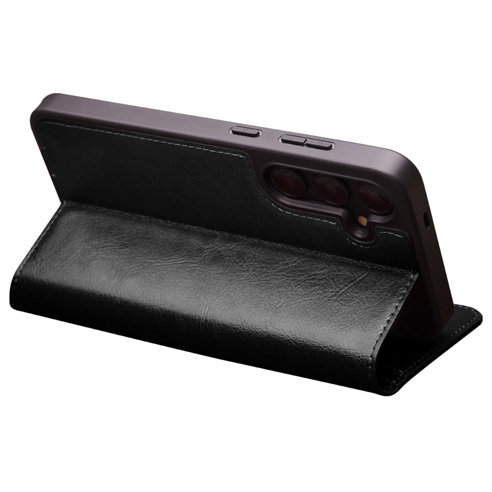 QIALINO For Samsung Galaxy S24 Phone Case Genuine Cow Leather Flip Stand Cover - Black