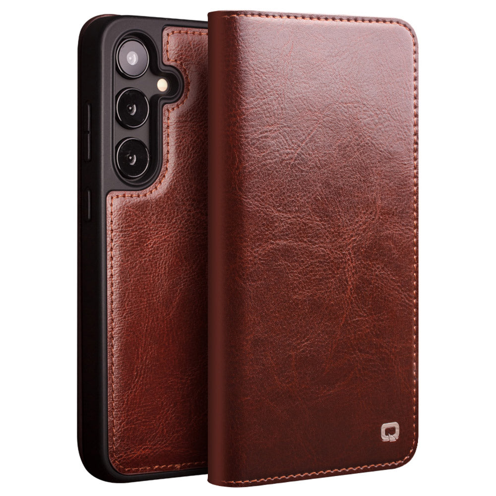 QIALINO For Samsung Galaxy S24 Phone Case Genuine Cow Leather Flip Stand Cover - Brown