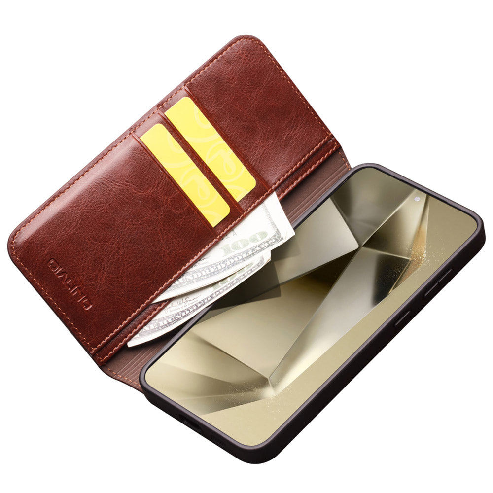 QIALINO For Samsung Galaxy S24 Phone Case Genuine Cow Leather Flip Stand Cover - Brown