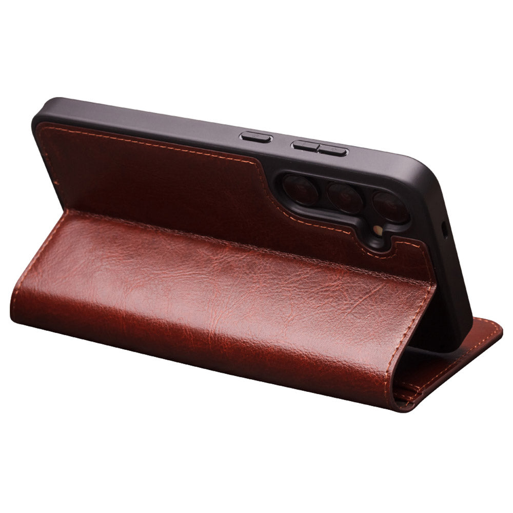 QIALINO For Samsung Galaxy S24 Phone Case Genuine Cow Leather Flip Stand Cover - Brown