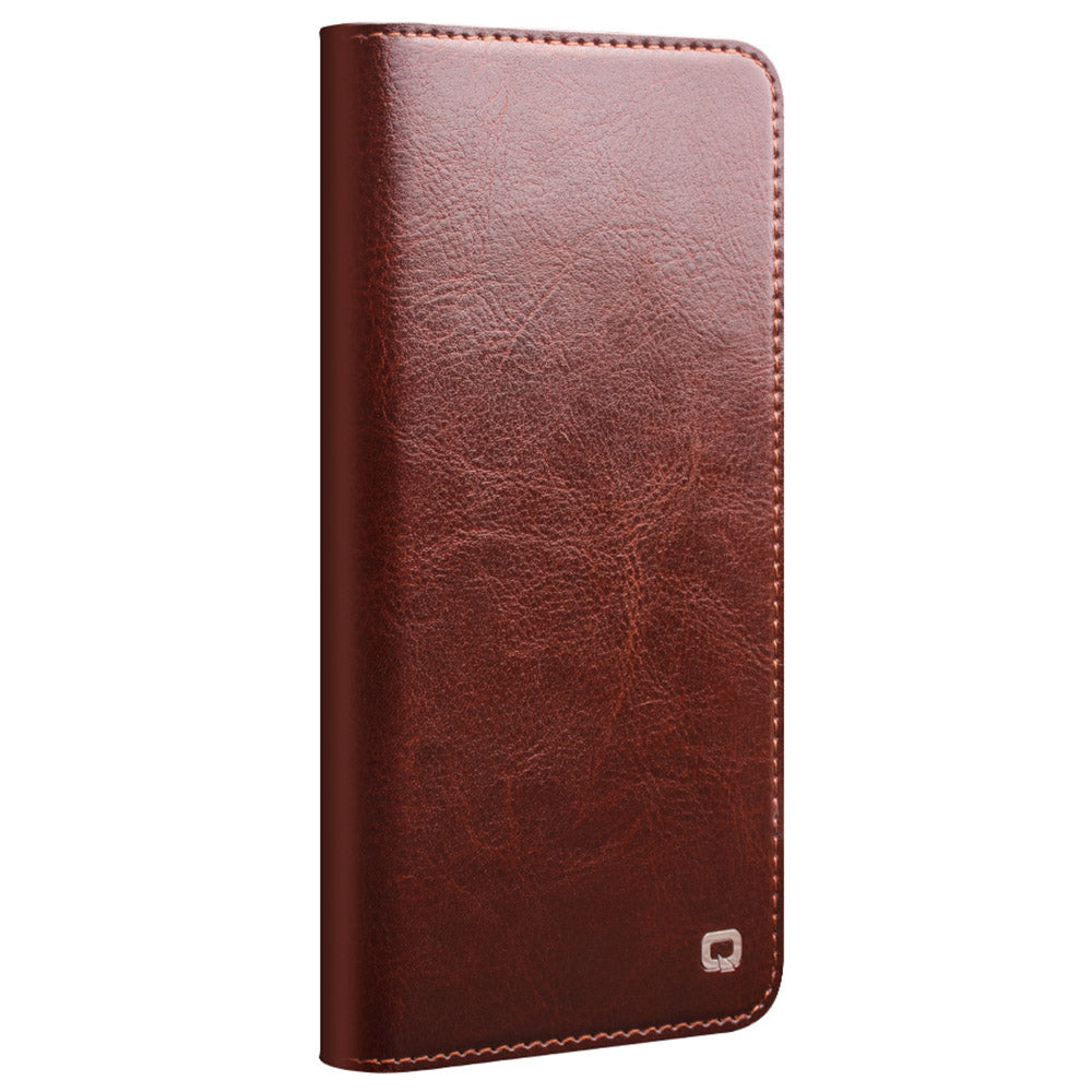 QIALINO For Samsung Galaxy S24 Phone Case Genuine Cow Leather Flip Stand Cover - Brown