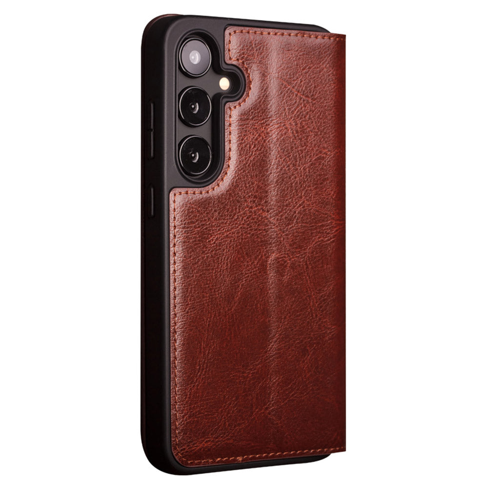 QIALINO For Samsung Galaxy S24 Phone Case Genuine Cow Leather Flip Stand Cover - Brown