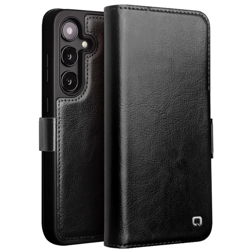 QIALINO For Samsung Galaxy S24 Phone Case Protective Genuine Cow Leather Cover - Black