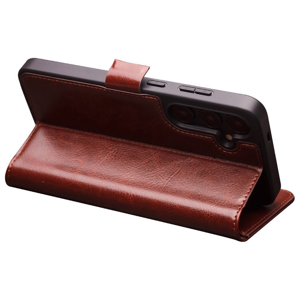 QIALINO For Samsung Galaxy S24 Phone Case Protective Genuine Cow Leather Cover - Brown