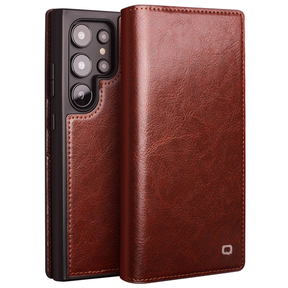 QIALINO For Samsung Galaxy S24 Ultra Case Wallet Flip Stand Phone Cover Genuine Cow Leather - Brown