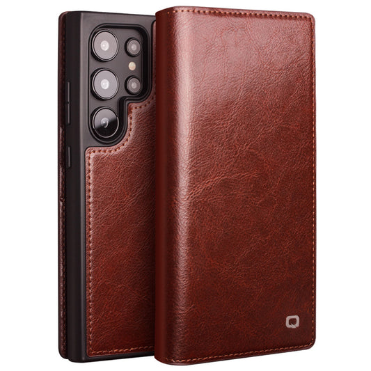 QIALINO For Samsung Galaxy S24 Ultra Case Wallet Flip Stand Phone Cover Genuine Cow Leather - Brown