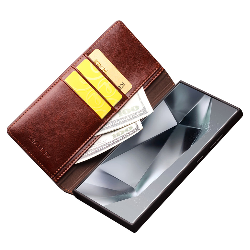 QIALINO For Samsung Galaxy S24 Ultra Case Wallet Flip Stand Phone Cover Genuine Cow Leather - Brown