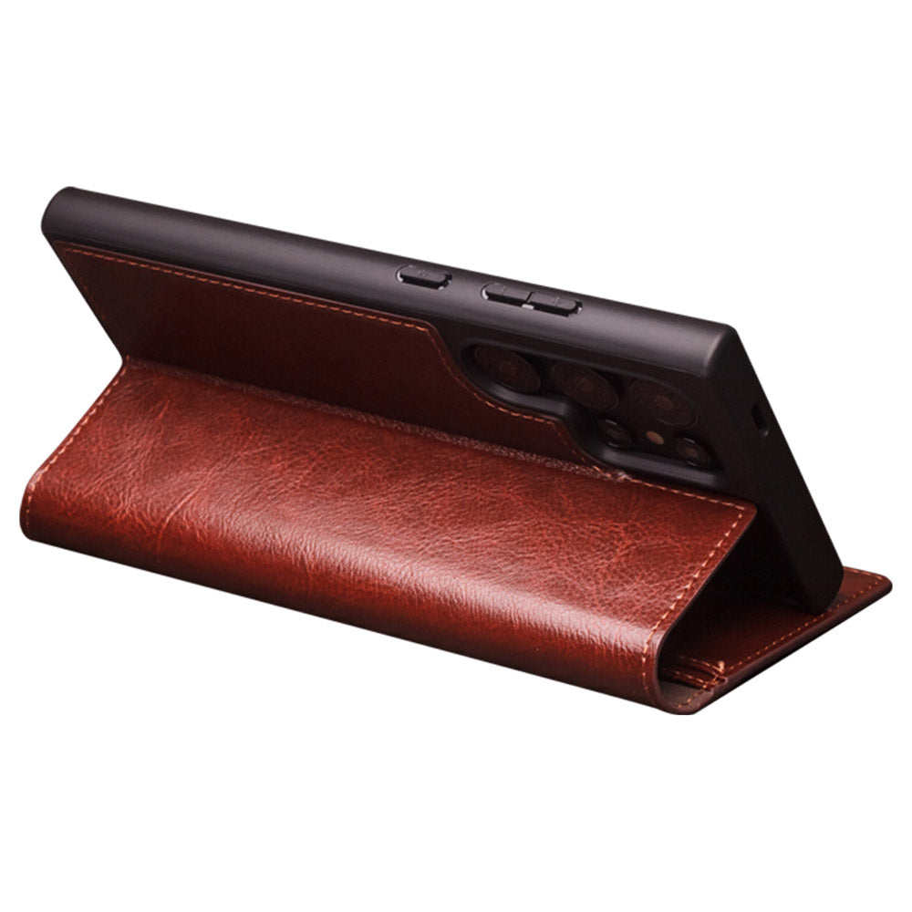 QIALINO For Samsung Galaxy S24 Ultra Case Wallet Flip Stand Phone Cover Genuine Cow Leather - Brown