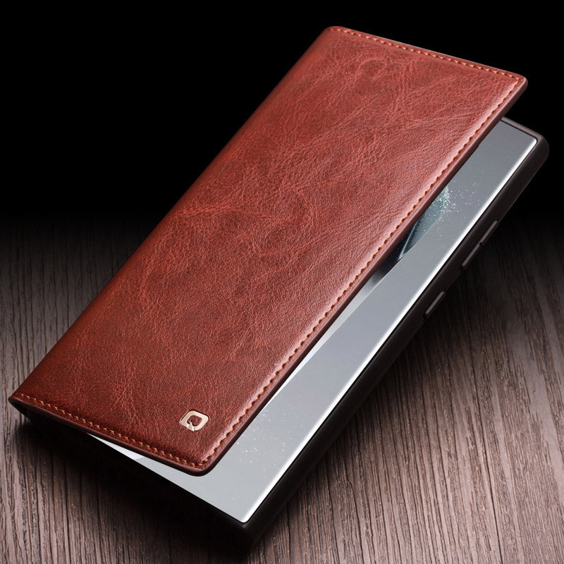 QIALINO For Samsung Galaxy S24 Ultra Case Wallet Flip Stand Phone Cover Genuine Cow Leather - Brown