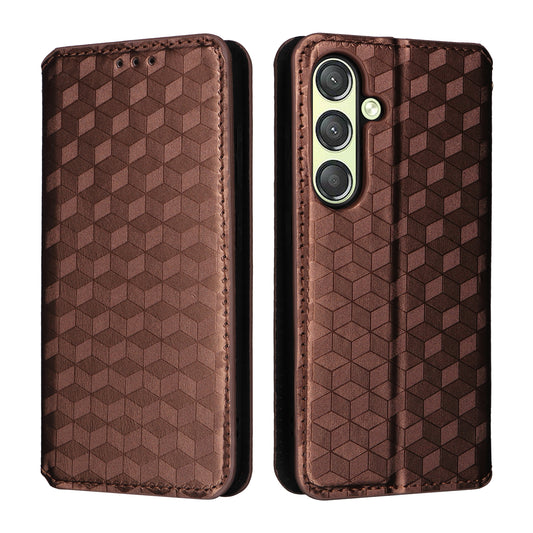 For Samsung Galaxy S24 Magnetic Phone Case Rhombus Pattern Leather Cover - Brown