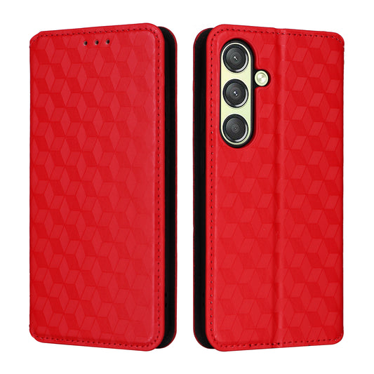 For Samsung Galaxy S24 Magnetic Phone Case Rhombus Pattern Leather Cover - Red