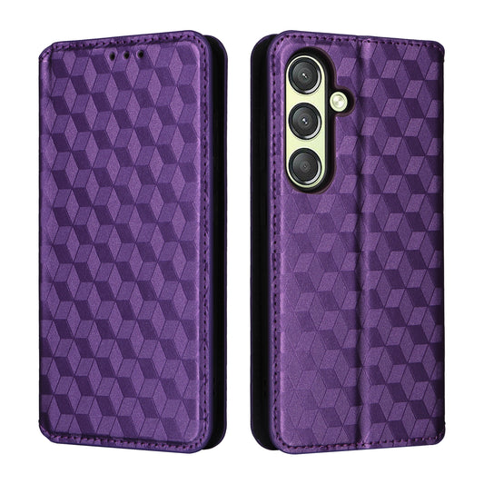 For Samsung Galaxy S24 Magnetic Phone Case Rhombus Pattern Leather Cover - Purple