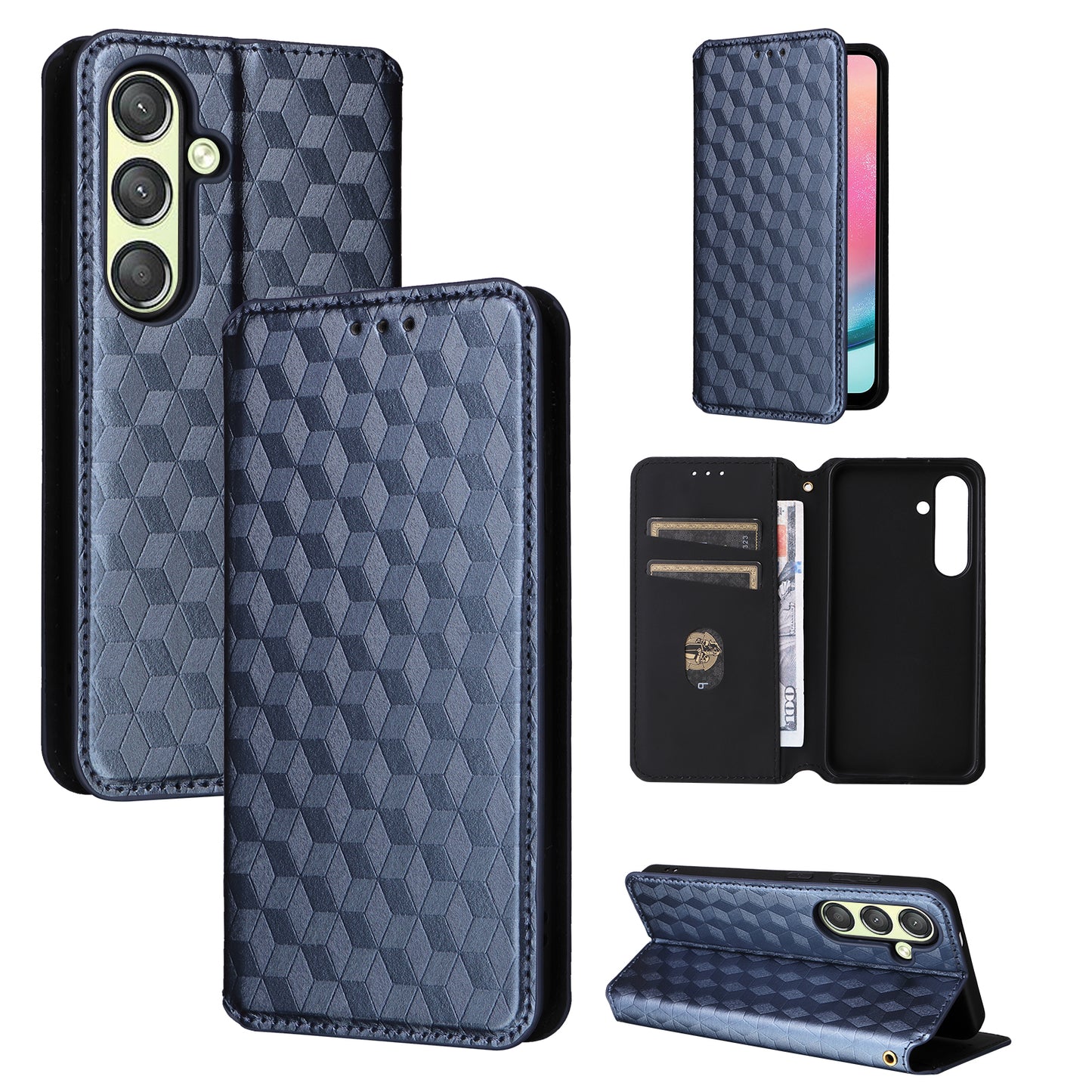 For Samsung Galaxy S24+ Case Rhombus Pattern Automatic Closing Phone Cover - Blue
