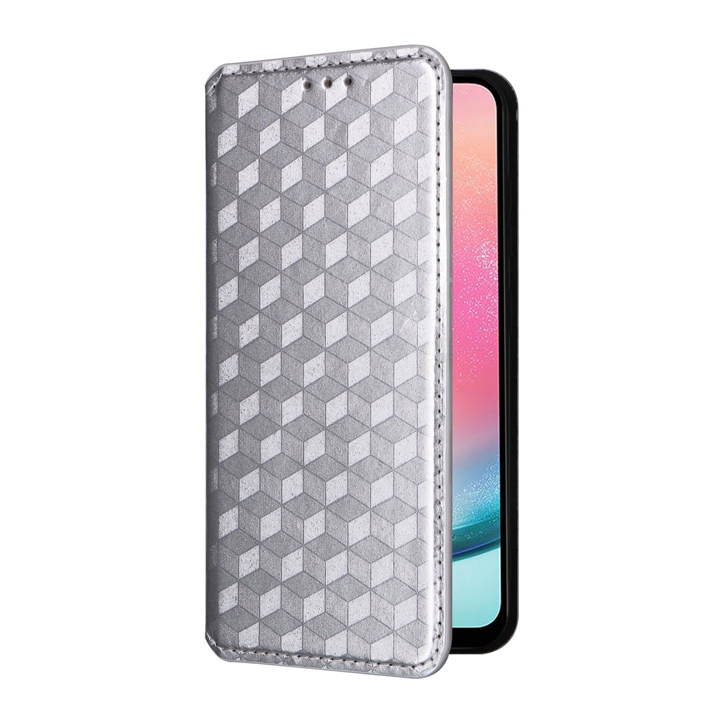 For Samsung Galaxy S24+ Case Rhombus Pattern Automatic Closing Phone Cover - Silver
