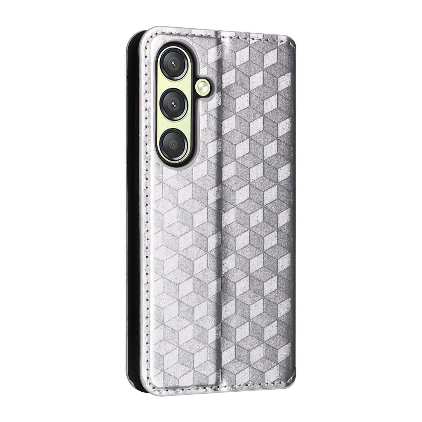 For Samsung Galaxy S24+ Case Rhombus Pattern Automatic Closing Phone Cover - Silver