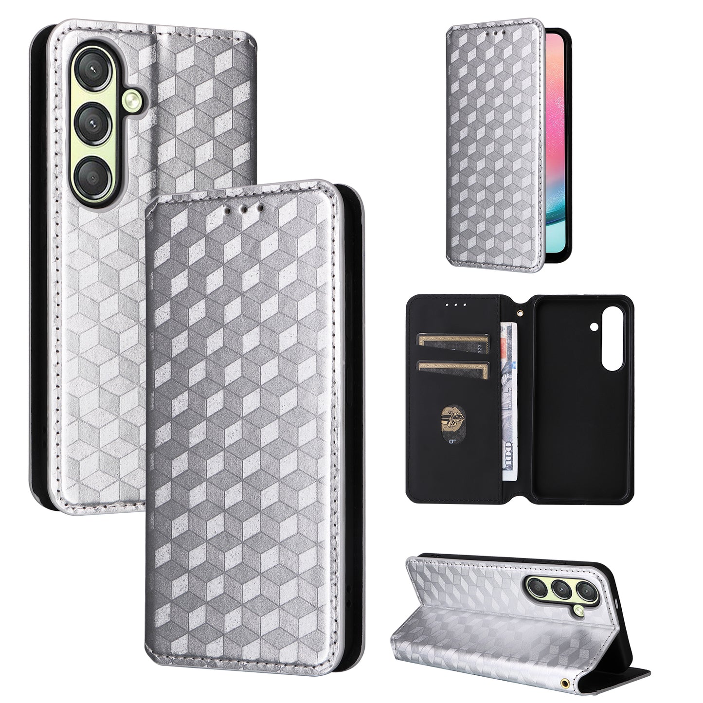 For Samsung Galaxy S24+ Case Rhombus Pattern Automatic Closing Phone Cover - Silver